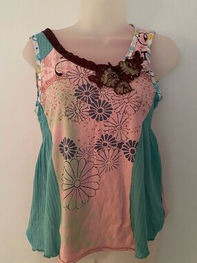 Pink Floral Tank Top with Teal Side Panels